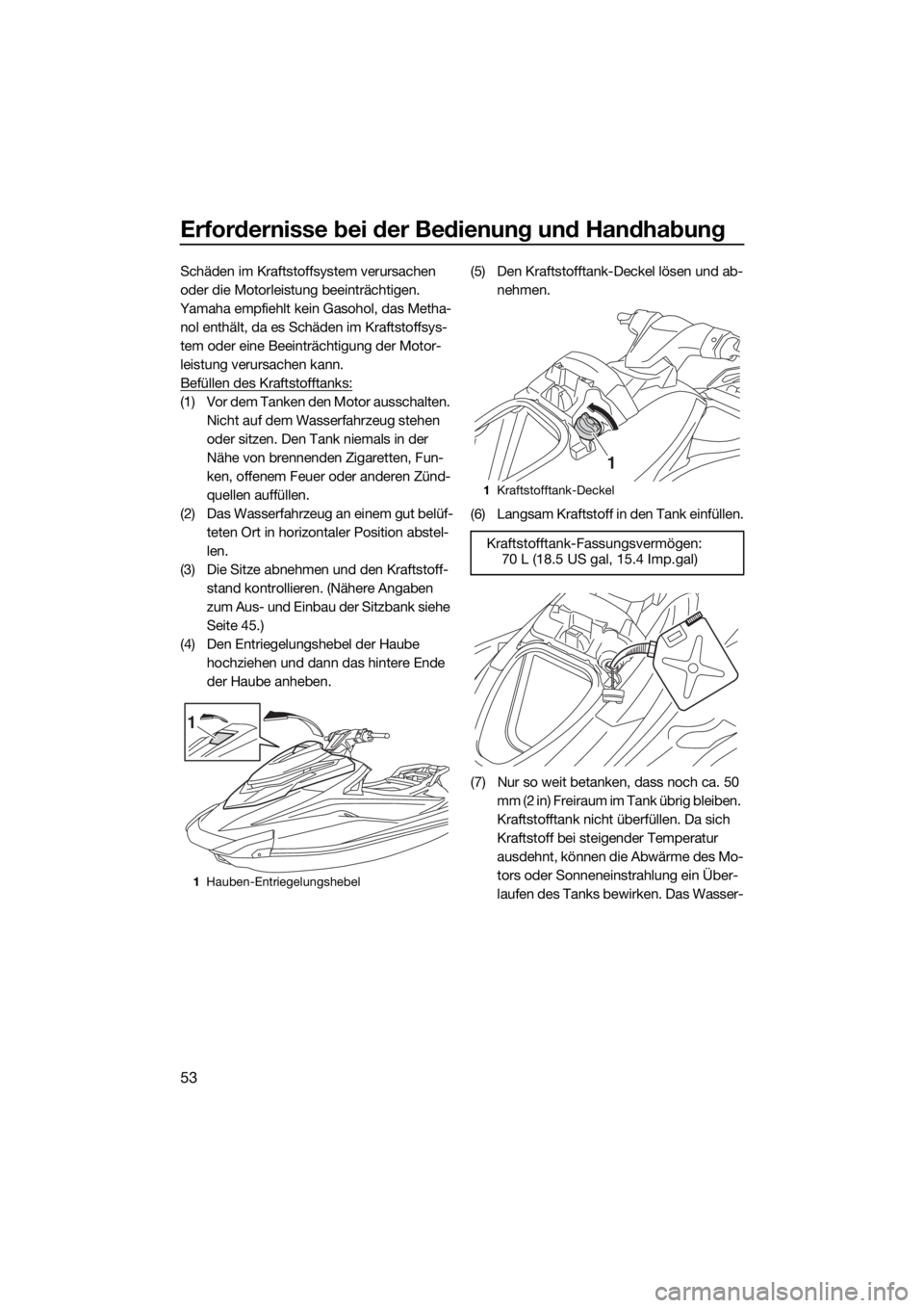 YAMAHA GP1800 2018  Betriebsanleitungen (in German) Erfordernisse bei der Bedienung und Handhabung
53
Schäden im Kraftstoffsystem verursachen 
oder die Motorleistung beeinträchtigen.
Yamaha empfiehlt kein Gasohol, das Metha-
nol enthält, da es Schä