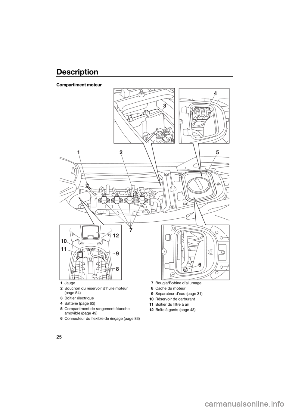 YAMAHA GP1800 2018 Notices Demploi (in French) Description
25
Compartiment moteur
3
4
125
11
10
9
12
86
7
1Jauge
2Bouchon du réservoir d’huile moteur
(page 54)
3Boîtier électrique
4Batterie (page 62)
5Compartiment de rangement étanche
amov YAMAHA GP1800 2018 Notices Demploi (in French) Description
25
Compartiment moteur
3
4
125
11
10
9
12
86
7
1Jauge
2Bouchon du réservoir d’huile moteur
(page 54)
3Boîtier électrique
4Batterie (page 62)
5Compartiment de rangement étanche
amov