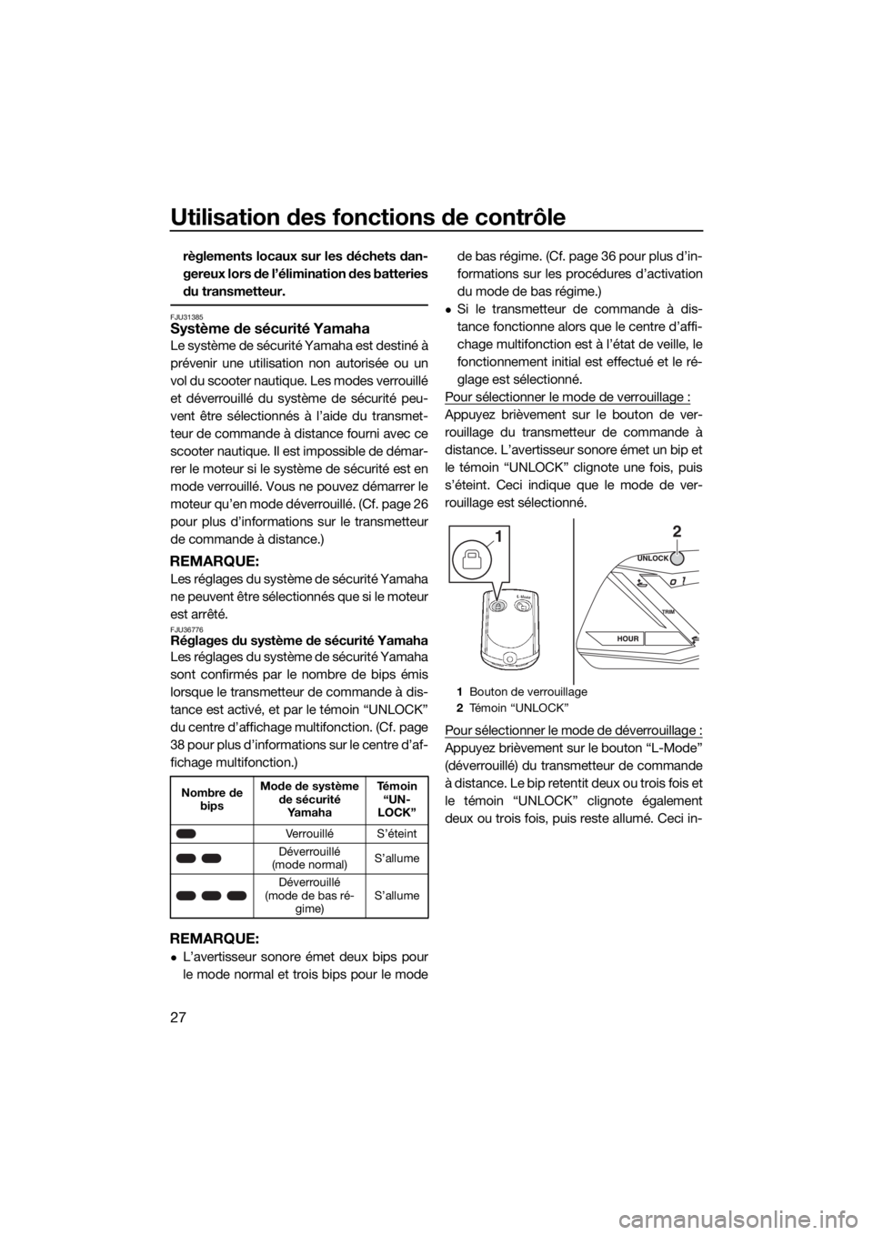 YAMAHA GP1800 2018 Notices Demploi (in French) Utilisation des fonctions de contrôle
27
règlements locaux sur les déchets dan-
gereux lors de l’élimination des batteries
du transmetteur.
FJU31385Système de sécurité Yamaha
Le système de s YAMAHA GP1800 2018 Notices Demploi (in French) Utilisation des fonctions de contrôle
27
règlements locaux sur les déchets dan-
gereux lors de l’élimination des batteries
du transmetteur.
FJU31385Système de sécurité Yamaha
Le système de s