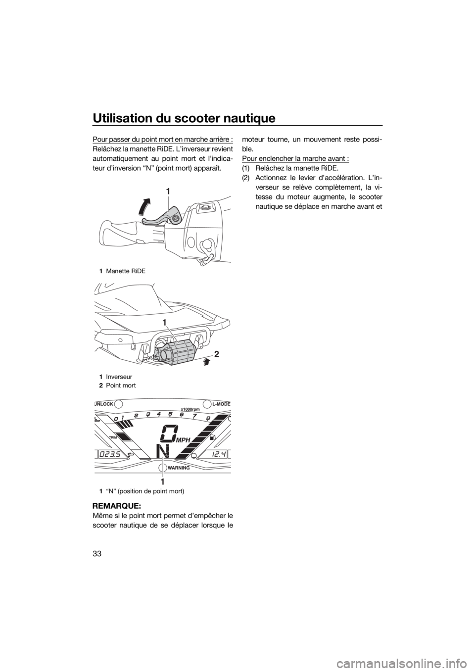 YAMAHA GP1800 2018 Notices Demploi (in French) Utilisation du scooter nautique
33
Pour passer du point mort en marche arrière :
Relâchez la manette RiDE. L’inverseur revient
automatiquement au point mort et l’indica-
teur d’inversion “N YAMAHA GP1800 2018 Notices Demploi (in French) Utilisation du scooter nautique
33
Pour passer du point mort en marche arrière :
Relâchez la manette RiDE. L’inverseur revient
automatiquement au point mort et l’indica-
teur d’inversion “N