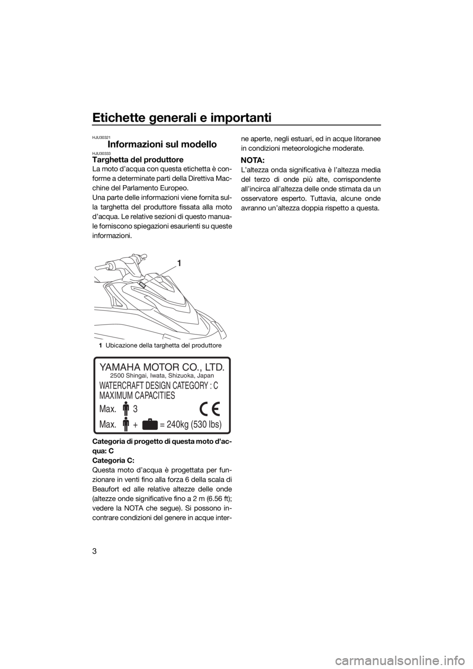 YAMAHA GP1800 2018  Manuale duso (in Italian) Etichette generali e importanti
3
HJU30321
Informazioni sul modelloHJU30333Targhetta del produttore
La moto d’acqua con questa etichetta è con-
forme a determinate parti della Direttiva Mac-
chine 