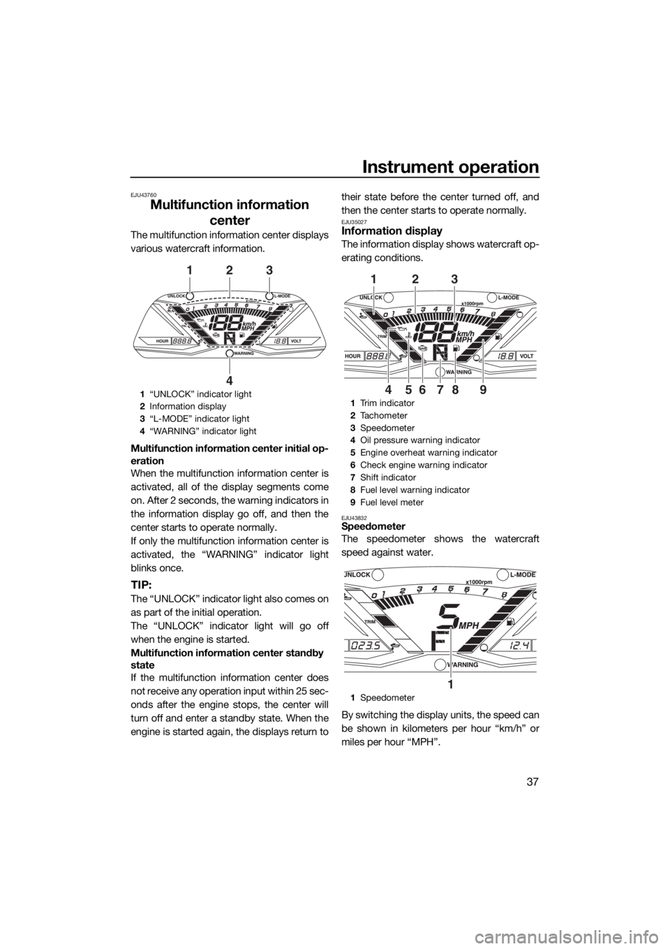 YAMAHA GP1800 2017 Owners Manual Instrument operation
37
EJU43760
Multifunction information
center
The multifunction information center displays
various watercraft information.
Multifunction information center initial op-
eration
Wh YAMAHA GP1800 2017 Owners Manual Instrument operation
37
EJU43760
Multifunction information
center
The multifunction information center displays
various watercraft information.
Multifunction information center initial op-
eration
Wh