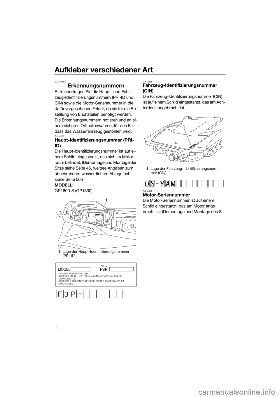 YAMAHA GP1800 2017 Betriebsanleitungen (in German) Aufkleber verschiedener Art
1
GJU36452
Erkennungsnummern
Bitte übertragen Sie die Haupt- und Fahr-
zeug-Identifizierungsnummern (PRI-ID und
CIN) sowie die Motor-Seriennummer in die
dafür vorgesehe YAMAHA GP1800 2017 Betriebsanleitungen (in German) Aufkleber verschiedener Art
1
GJU36452
Erkennungsnummern
Bitte übertragen Sie die Haupt- und Fahr-
zeug-Identifizierungsnummern (PRI-ID und
CIN) sowie die Motor-Seriennummer in die
dafür vorgesehe