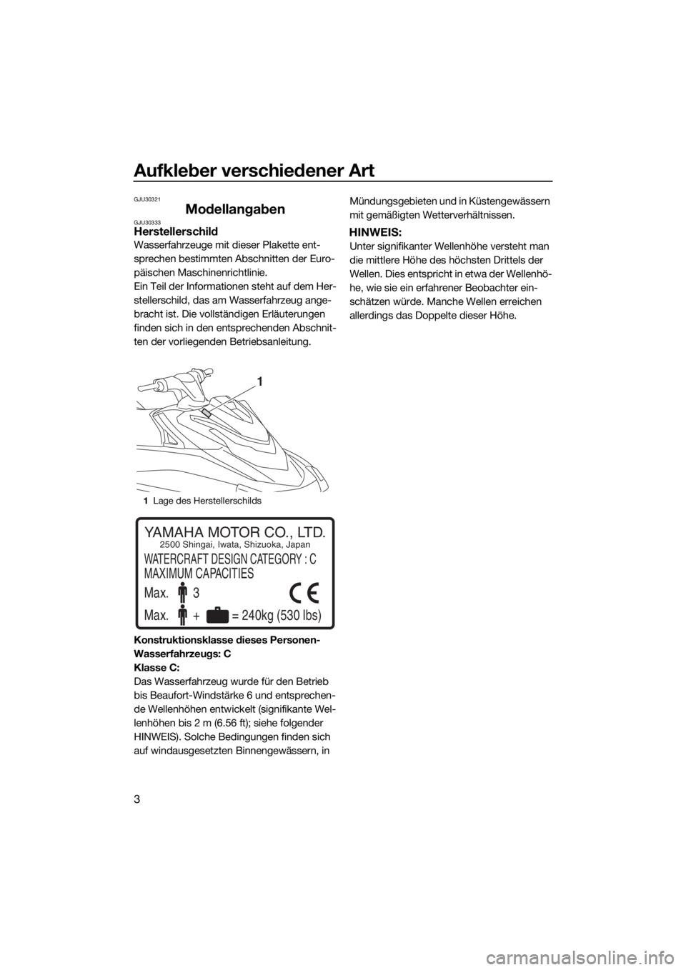 YAMAHA GP1800 2017 Betriebsanleitungen (in German) Aufkleber verschiedener Art
3
GJU30321
ModellangabenGJU30333Herstellerschild
Wasserfahrzeuge mit dieser Plakette ent-
sprechen bestimmten Abschnitten der Euro-
päischen Maschinenrichtlinie.
Ein Teil YAMAHA GP1800 2017 Betriebsanleitungen (in German) Aufkleber verschiedener Art
3
GJU30321
ModellangabenGJU30333Herstellerschild
Wasserfahrzeuge mit dieser Plakette ent-
sprechen bestimmten Abschnitten der Euro-
päischen Maschinenrichtlinie.
Ein Teil
