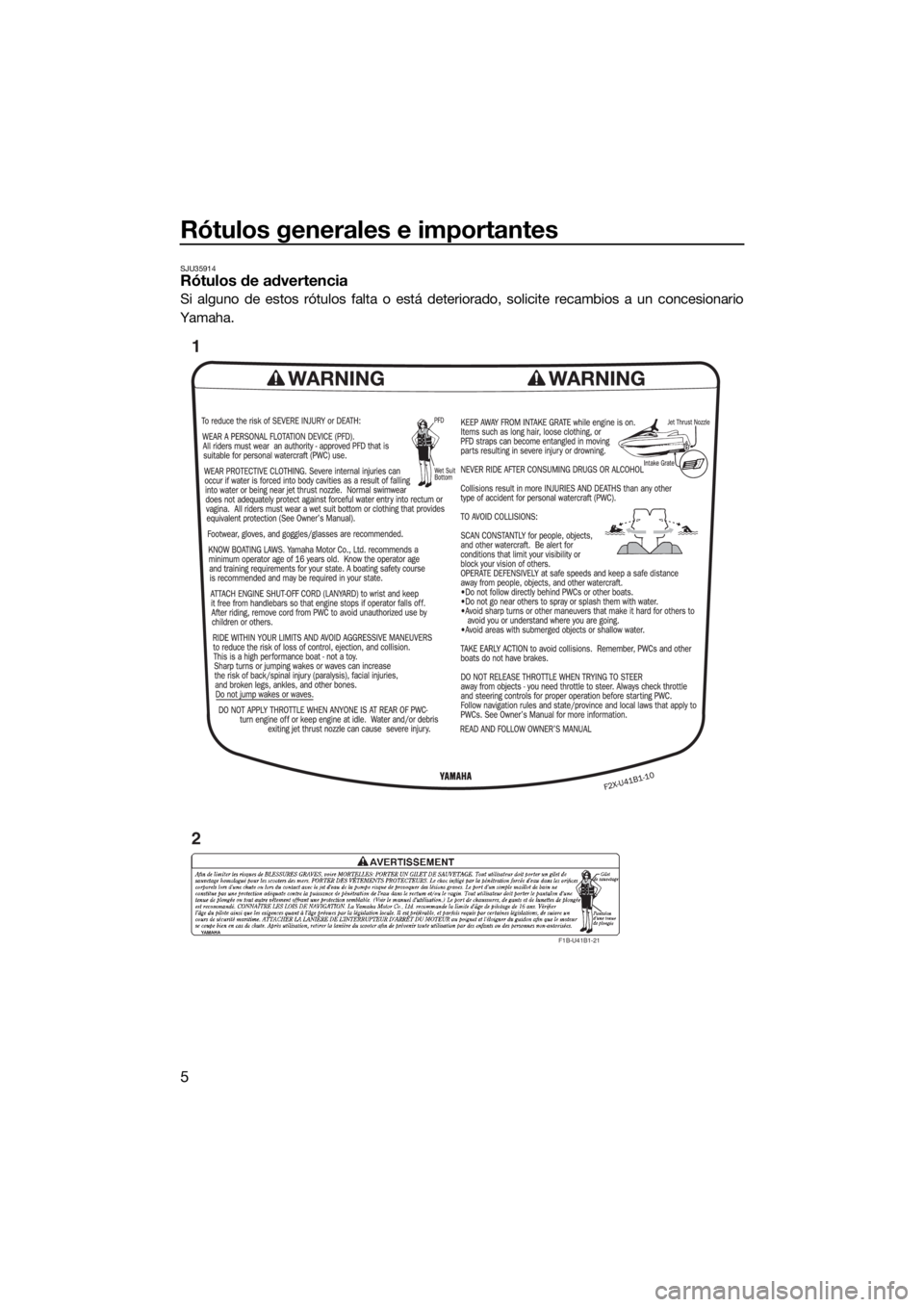 YAMAHA GP1800 2017 Manuale de Empleo (in Spanish) Rótulos generales e importantes
5
SJU35914Rótulos de advertencia
Si alguno de estos rótulos falta o está deteriorado, solicite recambios a un concesionario
Yamaha.
F1B-U41B1-21
1
2
UF3P70S0.book YAMAHA GP1800 2017 Manuale de Empleo (in Spanish) Rótulos generales e importantes
5
SJU35914Rótulos de advertencia
Si alguno de estos rótulos falta o está deteriorado, solicite recambios a un concesionario
Yamaha.
F1B-U41B1-21
1
2
UF3P70S0.book