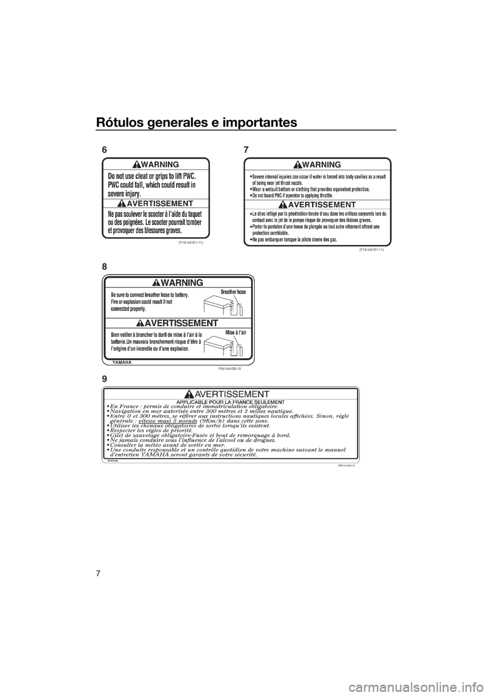 YAMAHA GP1800 2017 Manuale de Empleo (in Spanish) Rótulos generales e importantes
7
F0V-U41DB-12
GP8-U416H-01
(F1S-U41E1-11)(F1S-U41E1-11)
8
9 67
UF3P70S0.book Page 7 Thursday, August 25, 2016 2:20 PM YAMAHA GP1800 2017 Manuale de Empleo (in Spanish) Rótulos generales e importantes
7
F0V-U41DB-12
GP8-U416H-01
(F1S-U41E1-11)(F1S-U41E1-11)
8
9 67
UF3P70S0.book Page 7 Thursday, August 25, 2016 2:20 PM