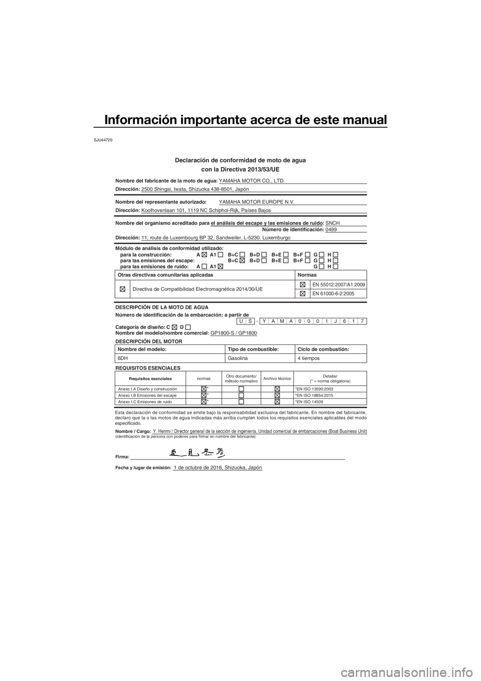 YAMAHA GP1800 2017 Manuale de Empleo (in Spanish) Información importante acerca de este manual
SJU44720
Declaración de conformidad de moto de agua
con la Directiva 2013/53/UE
Nombre del fabricante de la moto de agua:YAMAHA MOTOR CO., LTD.
Direcció YAMAHA GP1800 2017 Manuale de Empleo (in Spanish) Información importante acerca de este manual
SJU44720
Declaración de conformidad de moto de agua
con la Directiva 2013/53/UE
Nombre del fabricante de la moto de agua:YAMAHA MOTOR CO., LTD.
Direcció