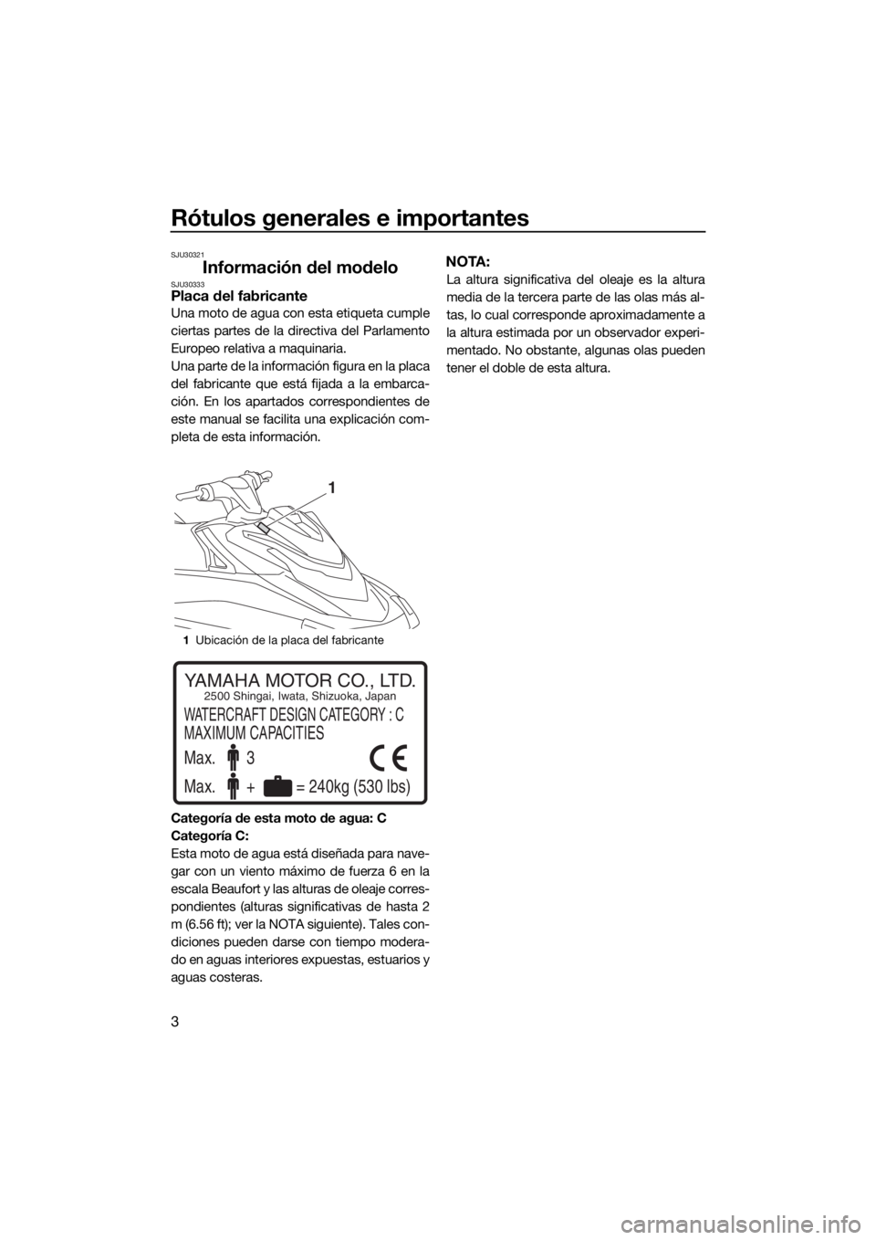 YAMAHA GP1800 2017 Manuale de Empleo (in Spanish) Rótulos generales e importantes
3
SJU30321
Información del modeloSJU30333Placa del fabricante
Una moto de agua con esta etiqueta cumple
ciertas partes de la directiva del Parlamento
Europeo relativa YAMAHA GP1800 2017 Manuale de Empleo (in Spanish) Rótulos generales e importantes
3
SJU30321
Información del modeloSJU30333Placa del fabricante
Una moto de agua con esta etiqueta cumple
ciertas partes de la directiva del Parlamento
Europeo relativa