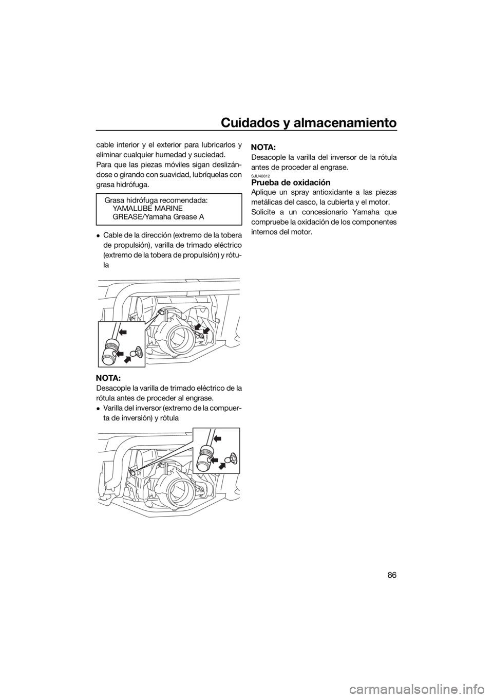 YAMAHA GP1800 2017 Manuale de Empleo (in Spanish) Cuidados y almacenamiento
86
cable interior y el exterior para lubricarlos y
eliminar cualquier humedad y suciedad.
Para que las piezas móviles sigan deslizán-
dose o girando con suavidad, lubríque YAMAHA GP1800 2017 Manuale de Empleo (in Spanish) Cuidados y almacenamiento
86
cable interior y el exterior para lubricarlos y
eliminar cualquier humedad y suciedad.
Para que las piezas móviles sigan deslizán-
dose o girando con suavidad, lubríque