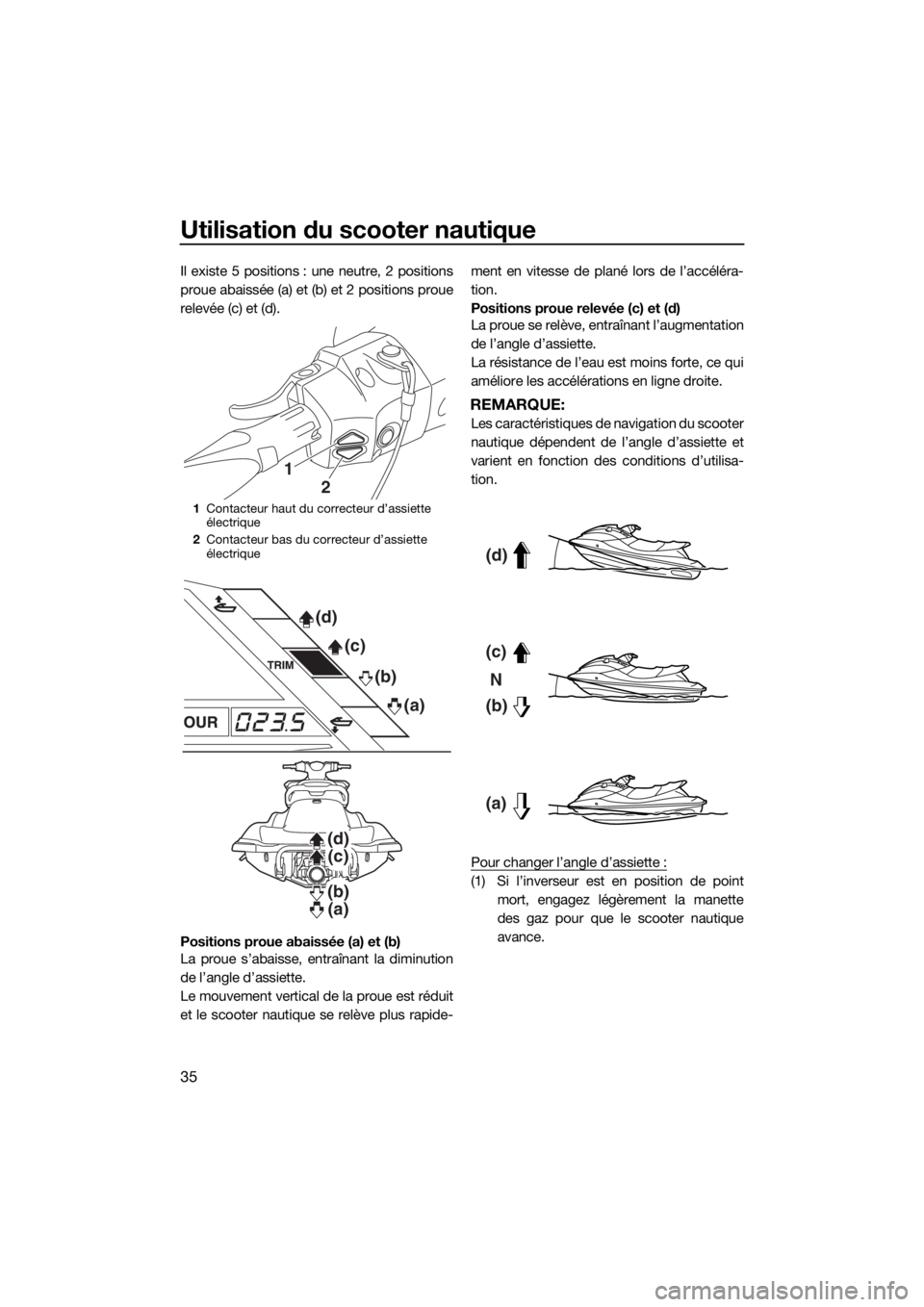 YAMAHA GP1800 2017  Notices Demploi (in French) Utilisation du scooter nautique
35
Il existe 5 positions : une neutre, 2 positions
proue abaissée (a) et (b) et 2 positions proue
relevée (c) et (d).
Positions proue abaissée (a) et (b)
La proue s�