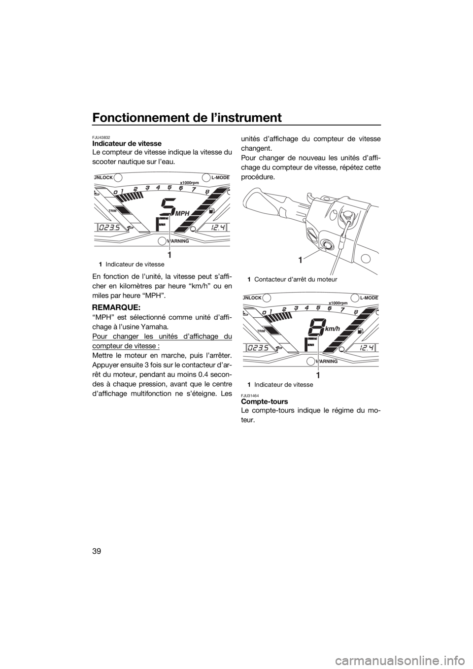 YAMAHA GP1800 2017  Notices Demploi (in French) Fonctionnement de l’instrument
39
FJU43832Indicateur de vitesse
Le compteur de vitesse indique la vitesse du
scooter nautique sur l’eau.
En fonction de l’unité, la vitesse peut s’affi-
cher e