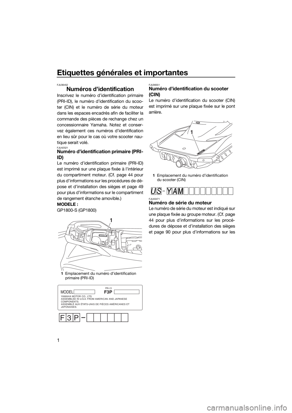 YAMAHA GP1800 2017  Notices Demploi (in French) Etiquettes générales et importantes
1
FJU36452
Numéros d’identification
Inscrivez le numéro d’identification primaire
(PRI-ID), le numéro d’identification du scoo-
ter (CIN) et le numéro d