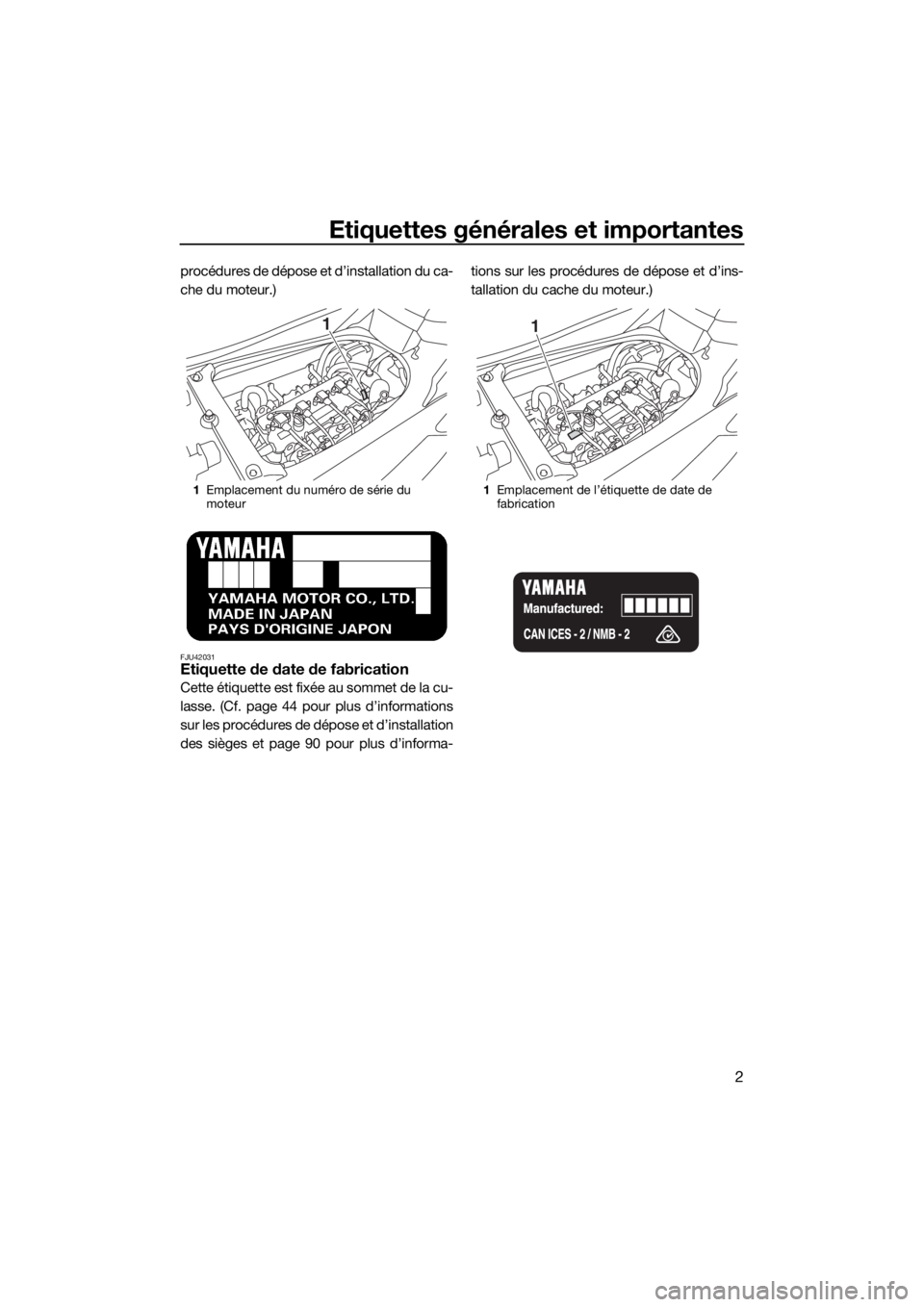 YAMAHA GP1800 2017  Notices Demploi (in French) Etiquettes générales et importantes
2
procédures de dépose et d’installation du ca-
che du moteur.)
FJU42031Etiquette de date de fabrication
Cette étiquette est fixée au sommet de la cu-
lasse