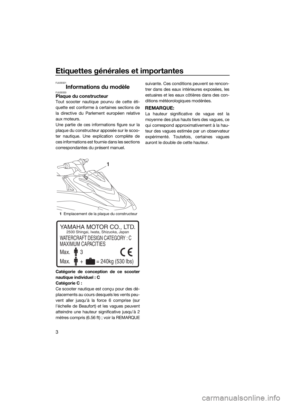 YAMAHA GP1800 2017  Notices Demploi (in French) Etiquettes générales et importantes
3
FJU30321
Informations du modèleFJU30333Plaque du constructeur
Tout scooter nautique pourvu de cette éti-
quette est conforme à certaines sections de
la direc