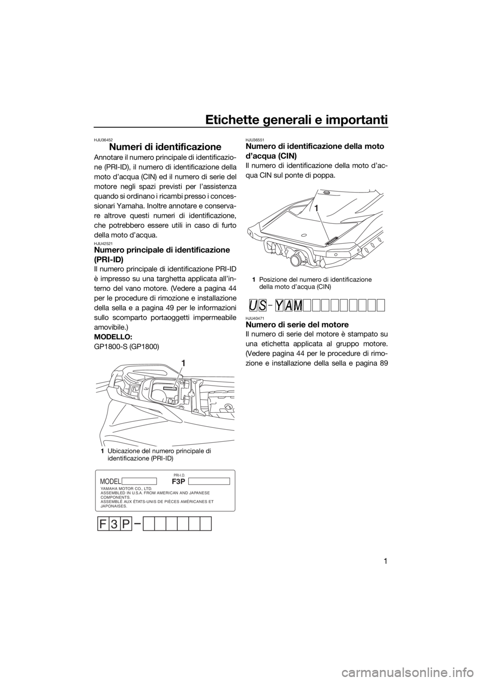 YAMAHA GP1800 2017 Manuale duso (in Italian) Etichette generali e importanti
1
HJU36452
Numeri di identificazione
Annotare il numero principale di identificazio-
ne (PRI-ID), il numero di identificazione della
moto d’acqua (CIN) ed il numero d YAMAHA GP1800 2017 Manuale duso (in Italian) Etichette generali e importanti
1
HJU36452
Numeri di identificazione
Annotare il numero principale di identificazio-
ne (PRI-ID), il numero di identificazione della
moto d’acqua (CIN) ed il numero d