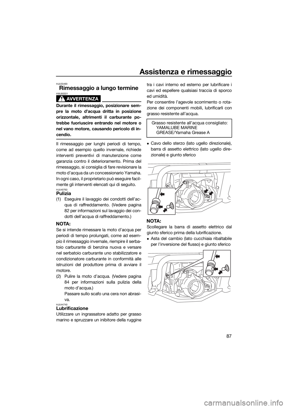 YAMAHA GP1800 2017  Manuale duso (in Italian) Assistenza e rimessaggio
87
HJU33493
Rimessaggio a lungo termine
AVVERTENZA
HWJ00331
Durante il rimessaggio, posizionare sem-
pre la moto d’acqua dritta in posizione
orizzontale, altrimenti il carbu