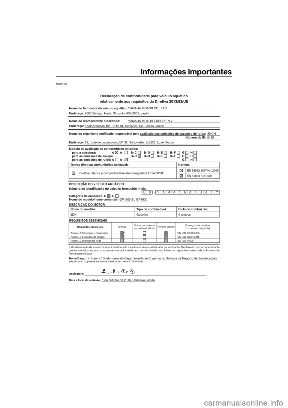 YAMAHA GP1800 2017 Manual de utilização (in Portuguese) Informações importantes
PJU44720
Declaração de conformidade para veículo aquático
relativamente aos requisitos da Diretiva 2013/53/UE
Nome do fabricante do veículo aquático: YAMAHA MOTOR CO., YAMAHA GP1800 2017 Manual de utilização (in Portuguese) Informações importantes
PJU44720
Declaração de conformidade para veículo aquático
relativamente aos requisitos da Diretiva 2013/53/UE
Nome do fabricante do veículo aquático: YAMAHA MOTOR CO.,