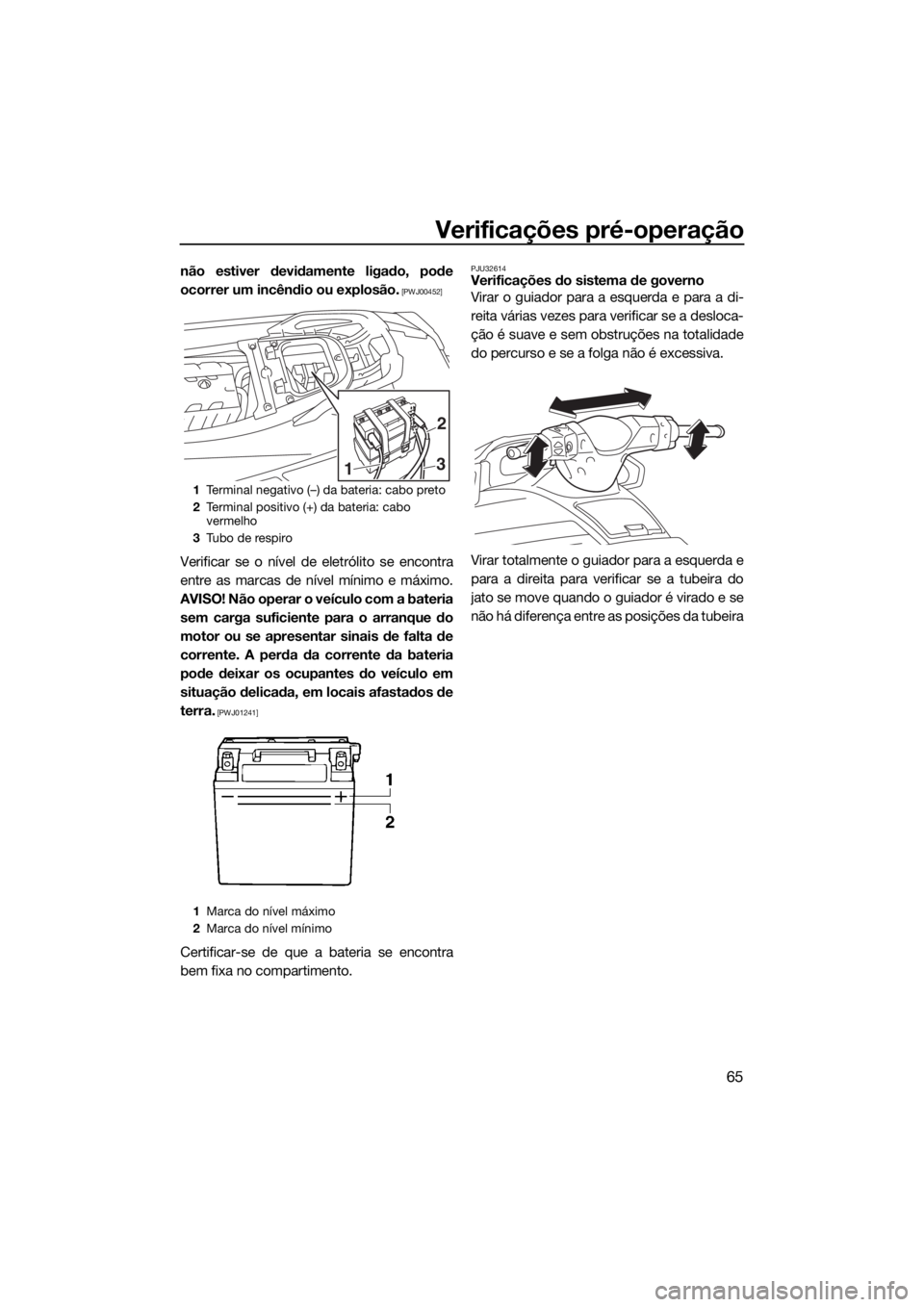YAMAHA GP1800 2017  Manual de utilização (in Portuguese) Verificações pré-operação
65
não estiver devidamente ligado, pode
ocorrer um incêndio ou explosão.
 [PWJ00452]
Verificar se o nível de eletrólito se encontra
entre as marcas de nível mínim