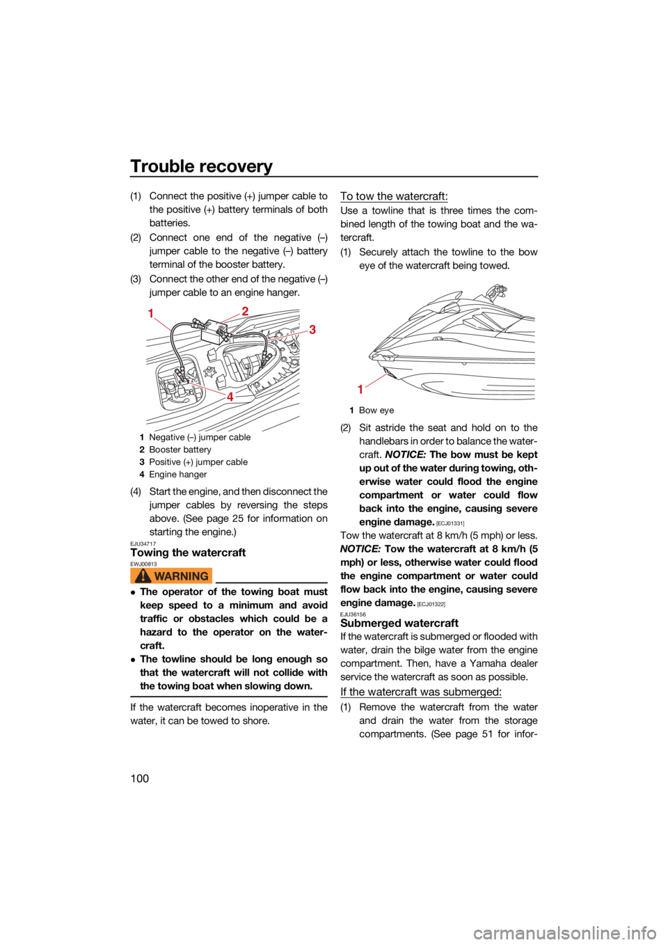 YAMAHA GP1800R SVHO 2022  Owners Manual Trouble recovery
100
(1) Connect the positive (+) jumper cable tothe positive (+) battery terminals of both
batteries.
(2) Connect one end of the negative (–) jumper cable to the negative (–) batt