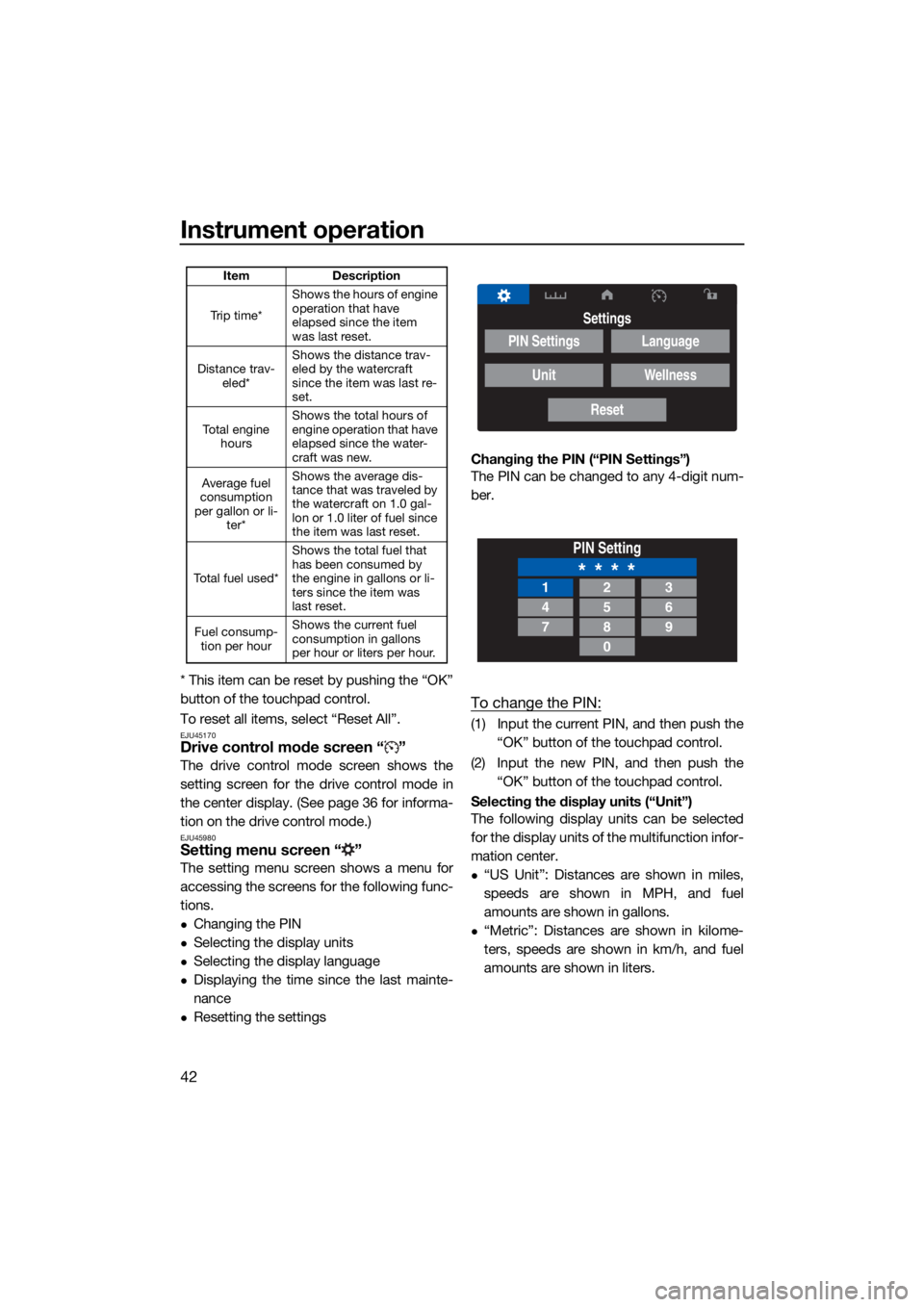 YAMAHA GP1800R SVHO 2022 Service Manual Instrument operation
42
* This item can be reset by pushing the “OK”
button of the touchpad control.
To reset all items, select “Reset All”.
EJU45170Drive control mode screen “ ”
The drive YAMAHA GP1800R SVHO 2022 Service Manual Instrument operation
42
* This item can be reset by pushing the “OK”
button of the touchpad control.
To reset all items, select “Reset All”.
EJU45170Drive control mode screen “ ”
The drive