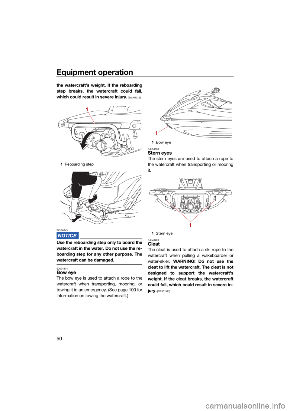 YAMAHA GP1800R SVHO 2022 Workshop Manual Equipment operation
50
the watercraft’s weight. If the reboarding
step breaks, the watercraft could fall,
which could result in severe injury.
 [EWJ01212]
ECJ00743
Use the reboarding step only to bo