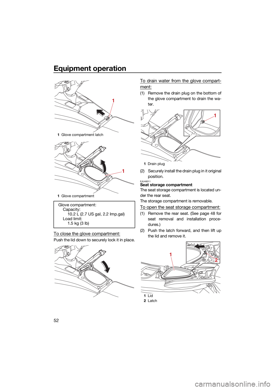YAMAHA GP1800R SVHO 2022 Owners Manual Equipment operation
52
To close the glove compartment:
Push the lid down to securely lock it in place.
To drain water from the glove compart-
ment:
(1) Remove the drain plug on the bottom ofthe glove YAMAHA GP1800R SVHO 2022 Owners Manual Equipment operation
52
To close the glove compartment:
Push the lid down to securely lock it in place.
To drain water from the glove compart-
ment:
(1) Remove the drain plug on the bottom ofthe glove