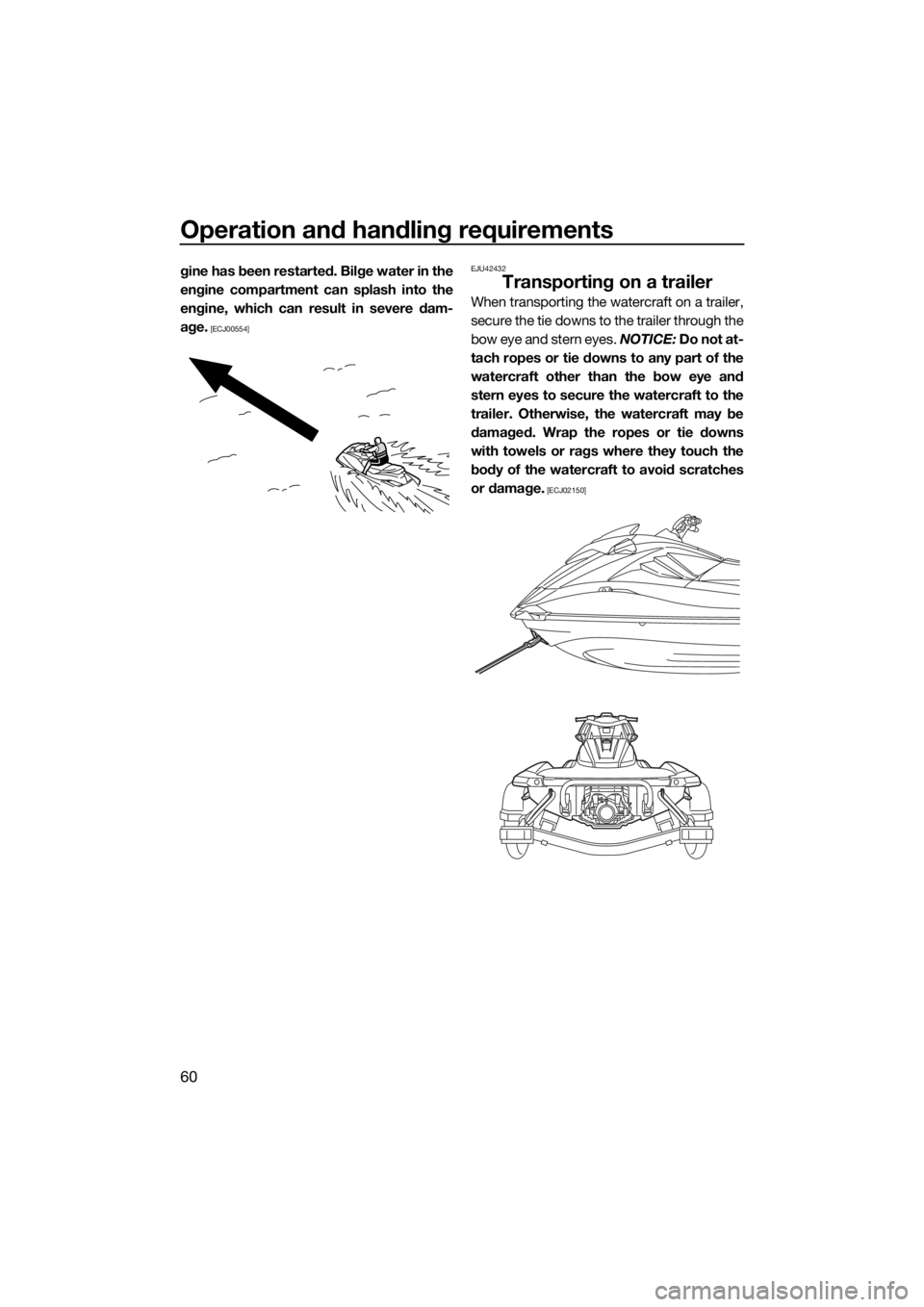 YAMAHA GP1800R SVHO 2022  Owners Manual Operation and handling requirements
60
gine has been restarted. Bilge water in the
engine compartment can splash into the
engine, which can result in severe dam-
age.
 [ECJ00554]EJU42432
Transporting 