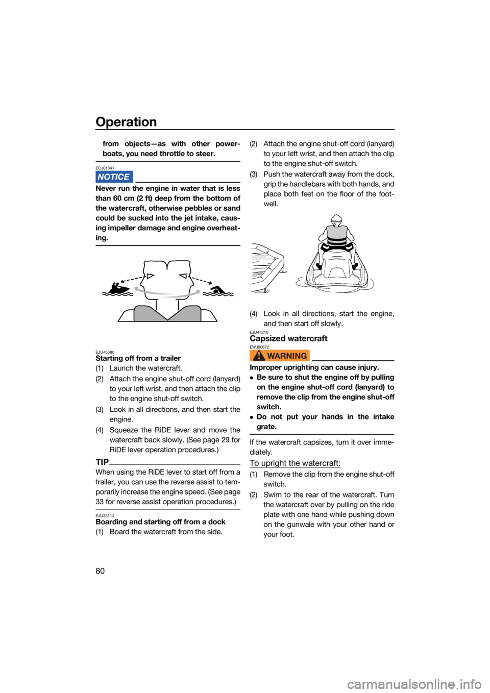 YAMAHA GP1800R SVHO 2022 Owners Manual Operation
80
from objects—as with other power-
boats, you need throttle to steer.
ECJ01341
Never run the engine in water that is less
than 60 cm (2 ft) deep from the bottom of
the watercraft, otherw YAMAHA GP1800R SVHO 2022 Owners Manual Operation
80
from objects—as with other power-
boats, you need throttle to steer.
ECJ01341
Never run the engine in water that is less
than 60 cm (2 ft) deep from the bottom of
the watercraft, otherw