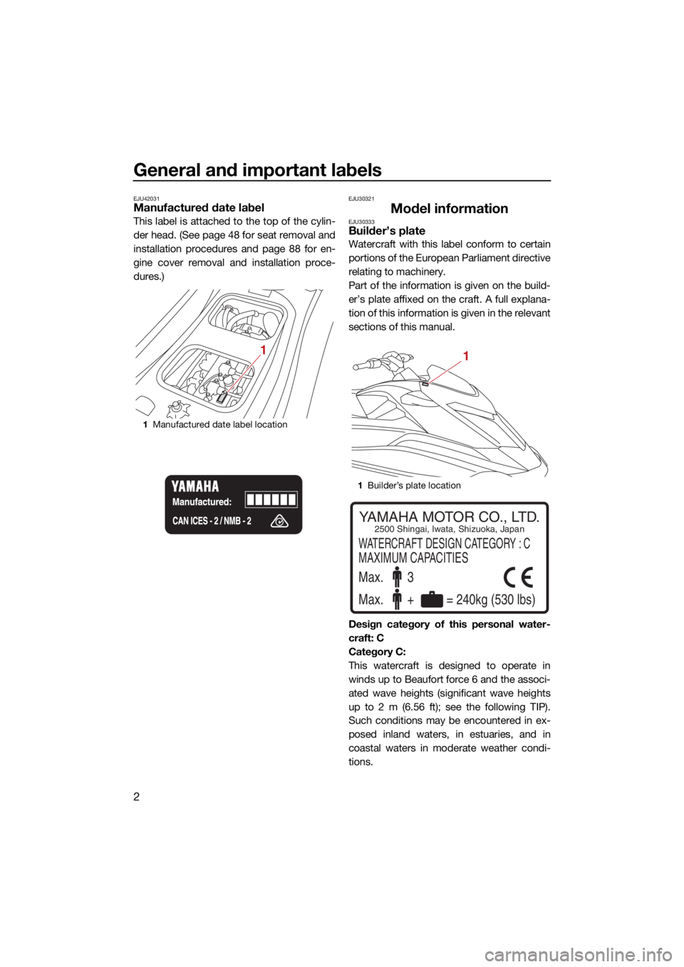 YAMAHA GP1800R SVHO 2022 Owners Manual General and important labels
2
EJU42031Manufactured date label
This label is attached to the top of the cylin-
der head. (See page 48 for seat removal and
installation procedures and page 88 for en-
g YAMAHA GP1800R SVHO 2022 Owners Manual General and important labels
2
EJU42031Manufactured date label
This label is attached to the top of the cylin-
der head. (See page 48 for seat removal and
installation procedures and page 88 for en-
g