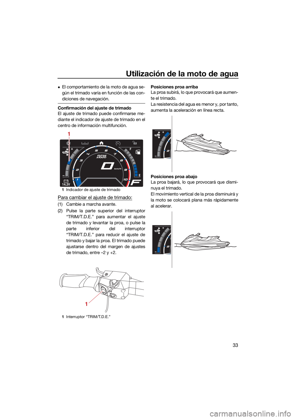 YAMAHA GP1800R SVHO 2022 Manuale de Empleo (in Spanish) Utilización de la moto de agua
33
El comportamiento de la moto de agua se-
gún el trimado varía en función de las con-
diciones de navegación.
Confirmación del ajuste de trimado
El ajuste de YAMAHA GP1800R SVHO 2022 Manuale de Empleo (in Spanish) Utilización de la moto de agua
33
El comportamiento de la moto de agua se-
gún el trimado varía en función de las con-
diciones de navegación.
Confirmación del ajuste de trimado
El ajuste de