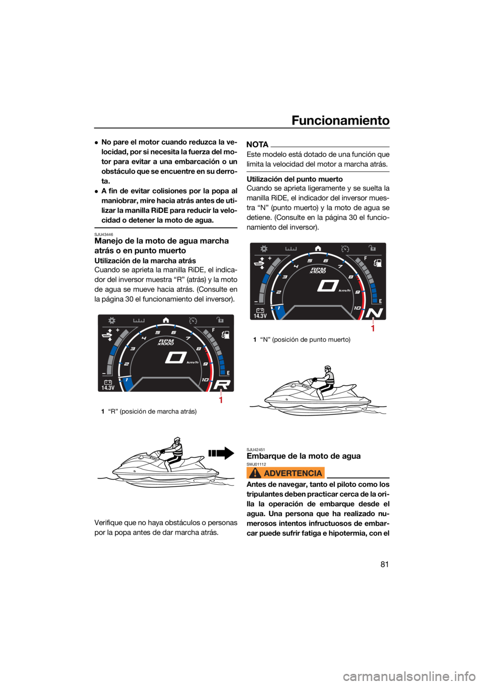 YAMAHA GP1800R SVHO 2022 Manuale de Empleo (in Spanish) Funcionamiento
81
No pare el motor cuando reduzca la ve-
locidad, por si necesita la fuerza del mo-
tor para evitar a una embarcación o un
obstáculo que se encuentre en su derro-
ta.
A fin de YAMAHA GP1800R SVHO 2022 Manuale de Empleo (in Spanish) Funcionamiento
81
No pare el motor cuando reduzca la ve-
locidad, por si necesita la fuerza del mo-
tor para evitar a una embarcación o un
obstáculo que se encuentre en su derro-
ta.
A fin de