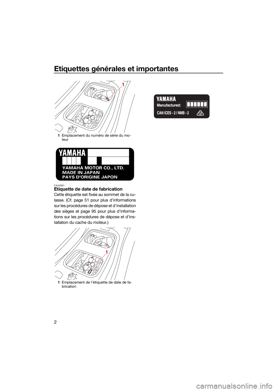 YAMAHA GP1800R SVHO 2022 Notices Demploi (in French) Etiquettes générales et importantes
2
FJU42031Etiquette de date de fabrication
Cette étiquette est fixée au sommet de la cu-
lasse. (Cf. page 51 pour plus d’informations
sur les procédures de d YAMAHA GP1800R SVHO 2022 Notices Demploi (in French) Etiquettes générales et importantes
2
FJU42031Etiquette de date de fabrication
Cette étiquette est fixée au sommet de la cu-
lasse. (Cf. page 51 pour plus d’informations
sur les procédures de d
