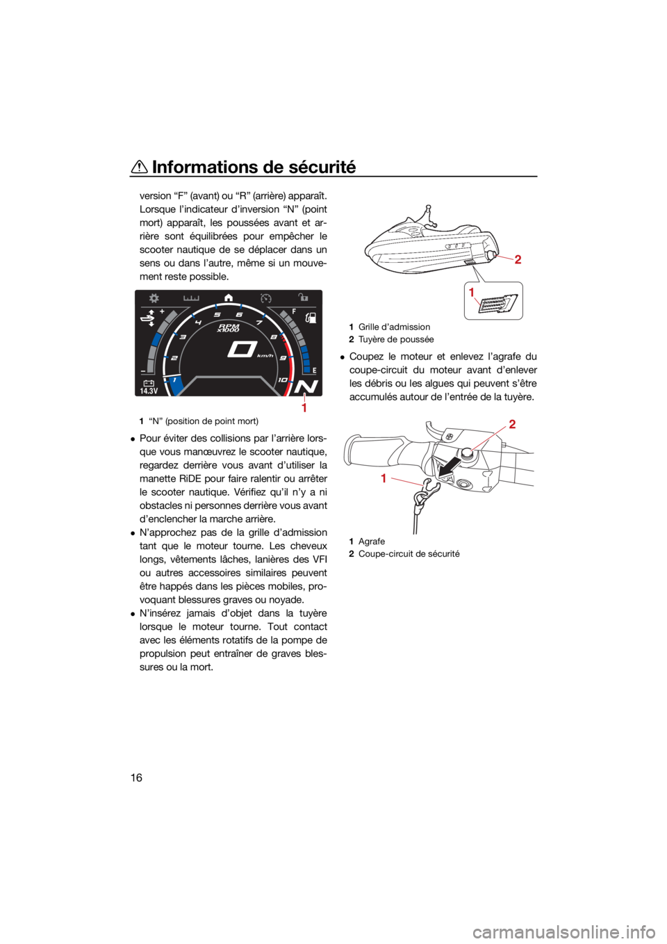 YAMAHA GP1800R SVHO 2022 Notices Demploi (in French) Informations de sécurité
16
version “F” (avant) ou “R” (arrière) apparaît.
Lorsque l’indicateur d’inversion “N” (point
mort) apparaît, les poussées avant et ar-
rière sont équi YAMAHA GP1800R SVHO 2022 Notices Demploi (in French) Informations de sécurité
16
version “F” (avant) ou “R” (arrière) apparaît.
Lorsque l’indicateur d’inversion “N” (point
mort) apparaît, les poussées avant et ar-
rière sont équi