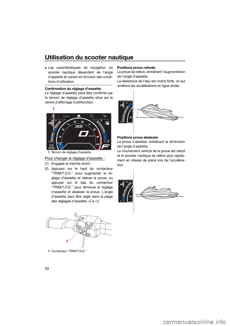 YAMAHA GP1800R SVHO 2022  Notices Demploi (in French) Utilisation du scooter nautique
34
Les caractéristiques de navigation du
scooter nautique dépendent de l’angle
d’assiette et varient en fonction des condi-
tions d’utilisation.
Confirmation