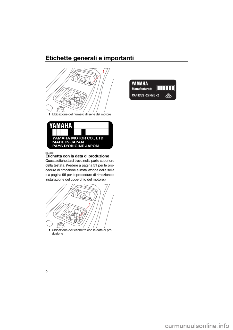 YAMAHA GP1800R SVHO 2022 Manuale duso (in Italian) Etichette generali e importanti
2
HJU42031Etichetta con la data di produzione
Questa etichetta si trova nella parte superiore
della testata. (Vedere a pagina 51 per le pro-
cedure di rimozione e insta YAMAHA GP1800R SVHO 2022 Manuale duso (in Italian) Etichette generali e importanti
2
HJU42031Etichetta con la data di produzione
Questa etichetta si trova nella parte superiore
della testata. (Vedere a pagina 51 per le pro-
cedure di rimozione e insta