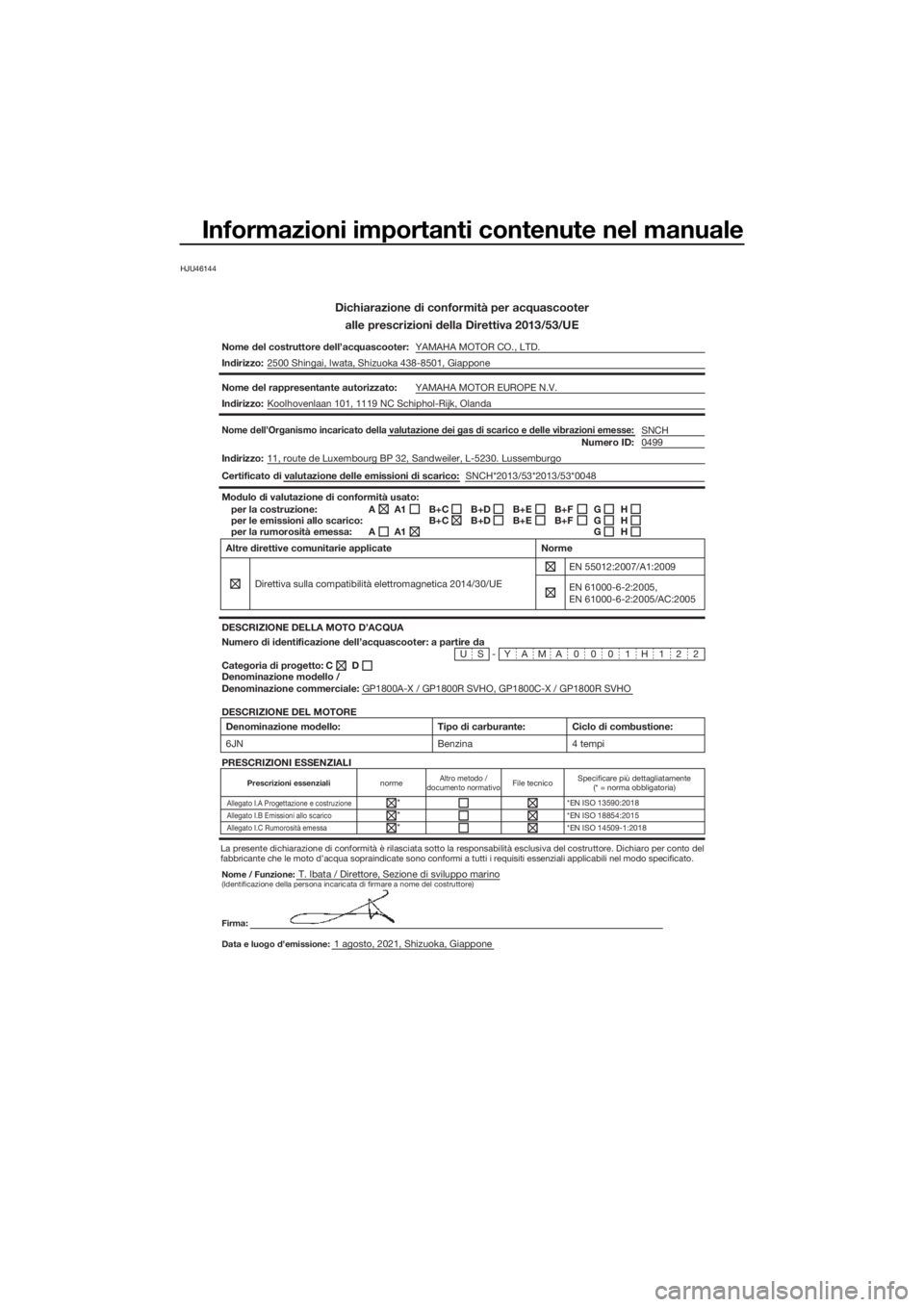 YAMAHA GP1800R SVHO 2022  Manuale duso (in Italian) Informazioni importanti contenute nel manuale
HJU46144
Dichiarazione di conformità per acquascooteralle prescrizioni della Direttiva 2013/53/UE
Nome del costruttore dell’acquascooter: YAMAHA MOTOR 