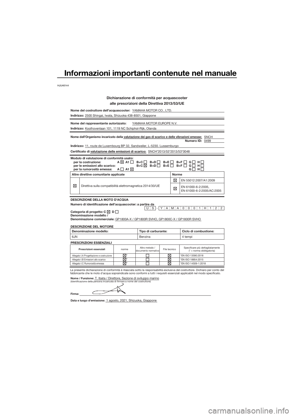 YAMAHA GP1800R SVHO 2022 Manuale duso (in Italian) Informazioni importanti contenute nel manuale
HJU46144
Dichiarazione di conformità per acquascooteralle prescrizioni della Direttiva 2013/53/UE
Nome del costruttore dell’acquascooter: YAMAHA MOTOR YAMAHA GP1800R SVHO 2022 Manuale duso (in Italian) Informazioni importanti contenute nel manuale
HJU46144
Dichiarazione di conformità per acquascooteralle prescrizioni della Direttiva 2013/53/UE
Nome del costruttore dell’acquascooter: YAMAHA MOTOR