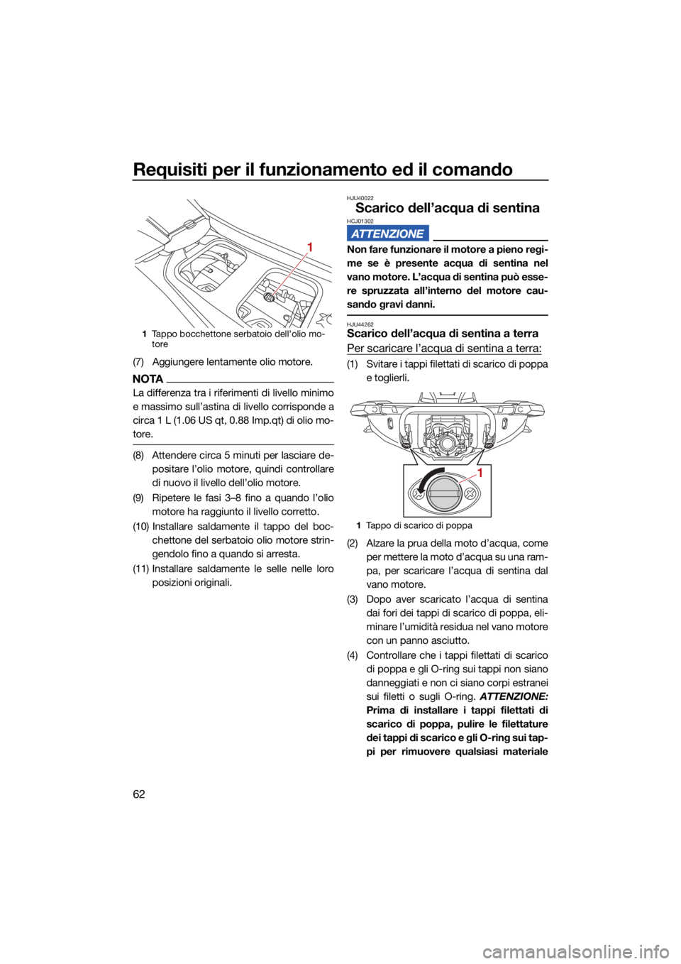 YAMAHA GP1800R SVHO 2022 Manuale duso (in Italian) Requisiti per il funzionamento ed il comando
62
(7) Aggiungere lentamente olio motore.
NOTA
La differenza tra i riferimenti di livello minimo
e massimo sull’astina di livello corrisponde a
circa 1 L YAMAHA GP1800R SVHO 2022 Manuale duso (in Italian) Requisiti per il funzionamento ed il comando
62
(7) Aggiungere lentamente olio motore.
NOTA
La differenza tra i riferimenti di livello minimo
e massimo sull’astina di livello corrisponde a
circa 1 L