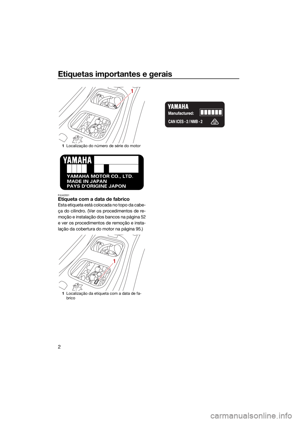 YAMAHA GP1800R SVHO 2022 Manual de utilização (in Portuguese) Etiquetas importantes e gerais
2
PJU42031Etiqueta com a data de fabrico
Esta etiqueta está colocada no topo da cabe-
ça do cilindro. (Ver os procedimentos de re-
moção e instalação dos bancos na YAMAHA GP1800R SVHO 2022 Manual de utilização (in Portuguese) Etiquetas importantes e gerais
2
PJU42031Etiqueta com a data de fabrico
Esta etiqueta está colocada no topo da cabe-
ça do cilindro. (Ver os procedimentos de re-
moção e instalação dos bancos na
