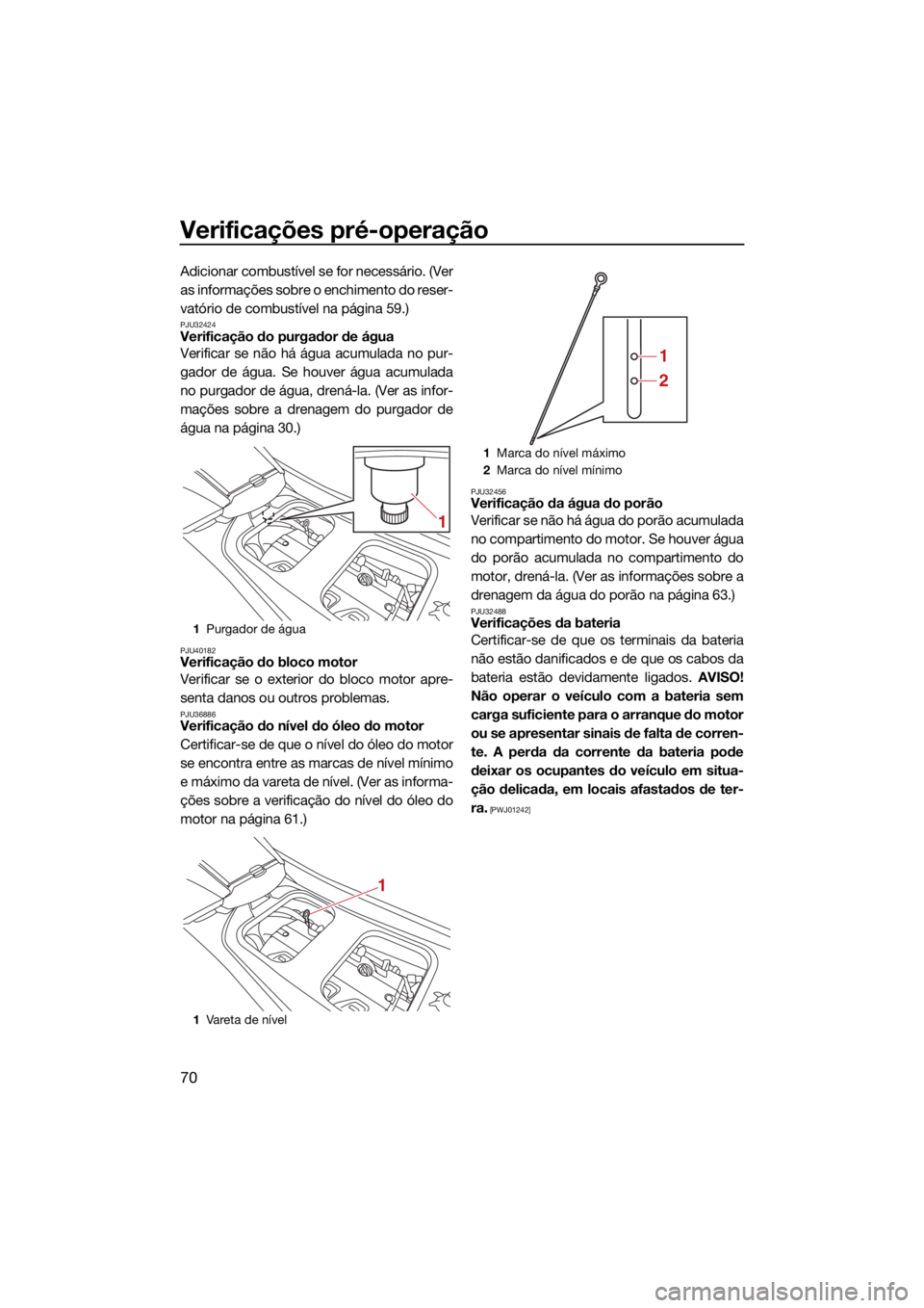 YAMAHA GP1800R SVHO 2022 Manual de utilização (in Portuguese) Verificações pré-operação
70
Adicionar combustível se for necessário. (Ver
as informações sobre o enchimento do reser-
vatório de combustível na página 59.)
PJU32424Verificação do purgad YAMAHA GP1800R SVHO 2022 Manual de utilização (in Portuguese) Verificações pré-operação
70
Adicionar combustível se for necessário. (Ver
as informações sobre o enchimento do reser-
vatório de combustível na página 59.)
PJU32424Verificação do purgad