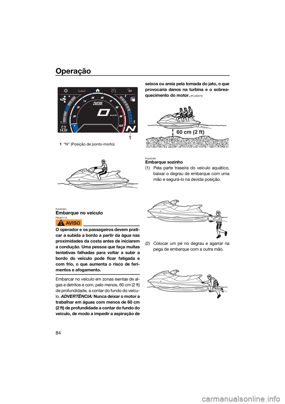 YAMAHA GP1800R SVHO 2022 Manual de utilização (in Portuguese) Operação
84
PJU42451Embarque no veículoPWJ01112
O operador e os passageiros devem prati-
car a subida a bordo a partir da água nas
proximidades da costa antes de iniciarem
a condução. Uma pessoa YAMAHA GP1800R SVHO 2022 Manual de utilização (in Portuguese) Operação
84
PJU42451Embarque no veículoPWJ01112
O operador e os passageiros devem prati-
car a subida a bordo a partir da água nas
proximidades da costa antes de iniciarem
a condução. Uma pessoa