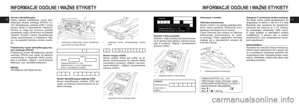 YAMAHA GP1800R SVHO 2021  Instrukcja obsługi (in Polish) 1011Numery identyfikacyjneNależy  zapisać  podstawowy  numer  iden-tyfikacyjny  skutera  wodnego  (PRI-ID),  nu-mer  identyfikacyjny  kadłuba  (CIN)  i  numer seryjny  silnika  w  odpowiednich  mie