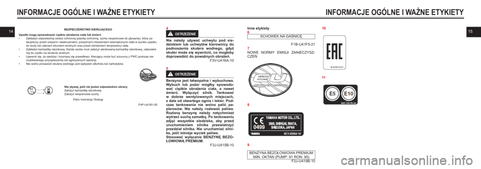 YAMAHA GP1800R SVHO 2021  Instrukcja obsługi (in Polish) 1415
INFORMACJE OGÓLNE I WAŻNE ETYKIETYINFORMACJE OGÓLNE I WAŻNE ETYKIETY
Inne etykiety6SCHOWEK NA GAŚNICĘ
F1B-U41F5-217NOWE  NORMY  EMISJI  ZANIECZYSZ-CZEŃ  
8
9
BENZYNA BEZOŁOWIOWA PREMIUM
M