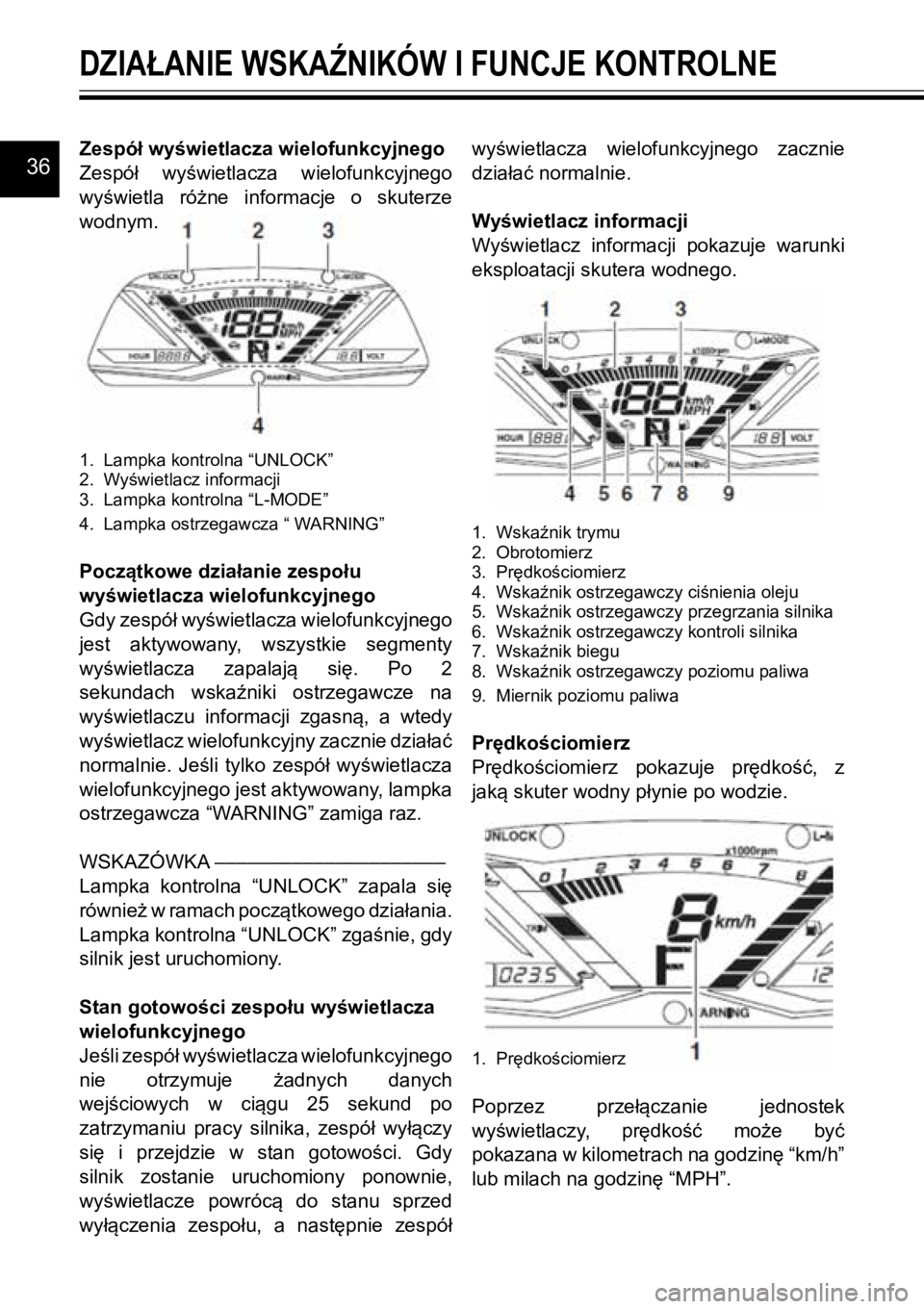 YAMAHA GP1800R SVHO 2020 Instrukcja obsługi (in Polish) 36Zespół wyświetlacza wielofunkcyjnego
Zespół wyświetlacza wielofunkcyjnego
wyświetla różne informacje o skuterze
wodnym.
1. Lampka kontrolna “UNLOCK”
2. Wyświetlacz inform YAMAHA GP1800R SVHO 2020 Instrukcja obsługi (in Polish) 36Zespół wyświetlacza wielofunkcyjnego
Zespół wyświetlacza wielofunkcyjnego
wyświetla różne informacje o skuterze
wodnym.
1. Lampka kontrolna “UNLOCK”
2. Wyświetlacz inform