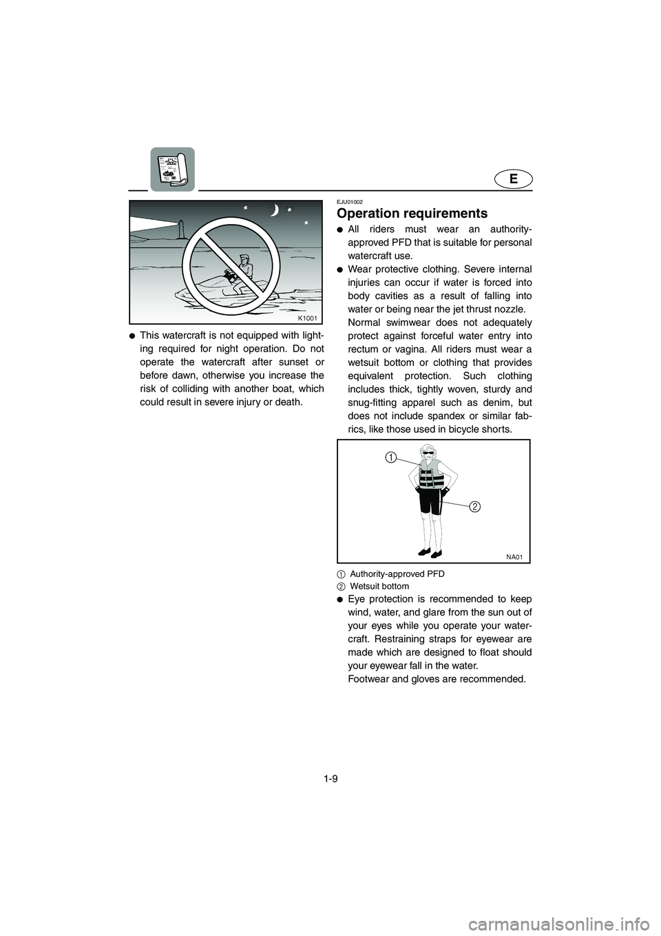 YAMAHA GP800R 2003 User Guide 1-9
E
This watercraft is not equipped with light-
ing required for night operation. Do not
operate the watercraft after sunset or
before dawn, otherwise you increase the
risk of colliding with anothe