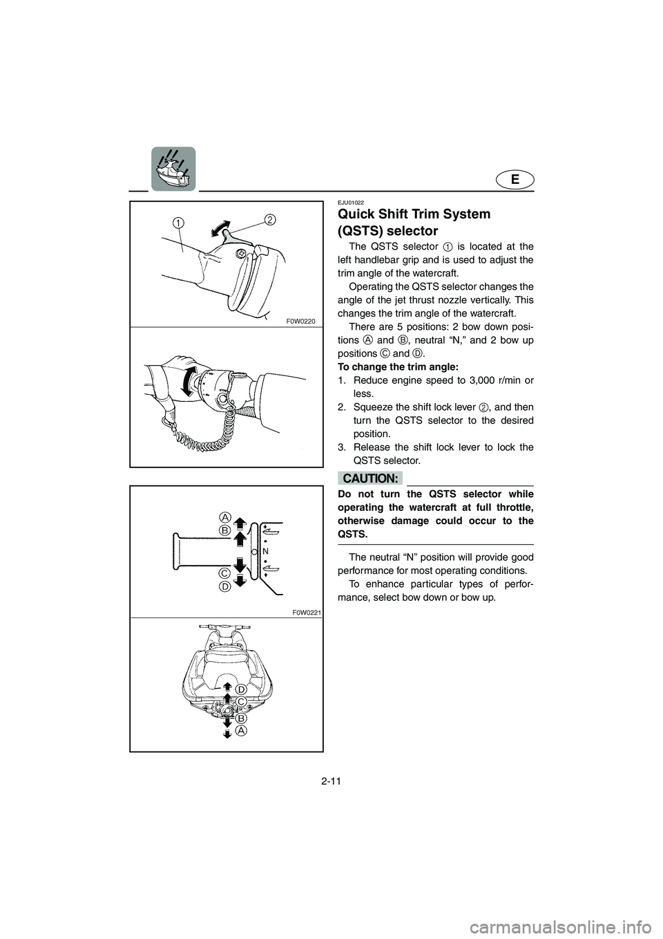 YAMAHA GP800R 2003 Owners Guide 2-11
E
EJU01022
Quick Shift Trim System 
(QSTS) selector 
The QSTS selector 1 is located at the
left handlebar grip and is used to adjust the
trim angle of the watercraft. 
Operating the QSTS selector