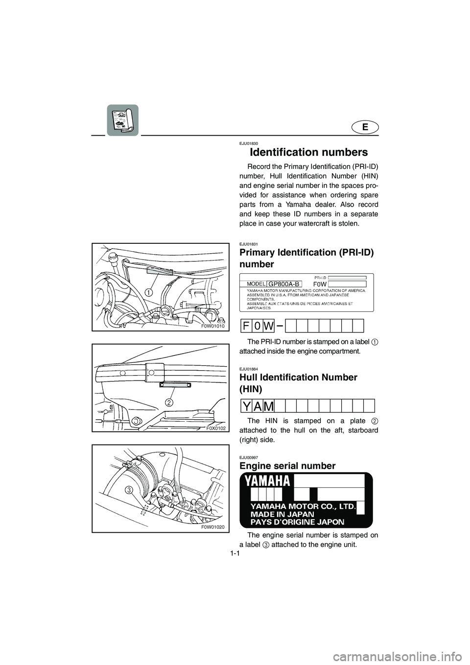YAMAHA GP800R 2003  Owners Manual 1-1
E
EJU01830
Identification numbers 
Record the Primary Identification (PRI-ID)
number, Hull Identification Number (HIN)
and engine serial number in the spaces pro-
vided for assistance when orderin