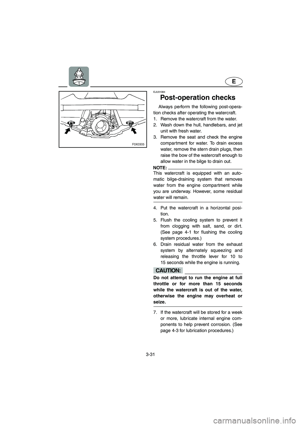 YAMAHA GP800R 2003  Owners Manual 3-31
E
EJU01084 
Post-operation checks  
Always perform the following post-opera-
tion checks after operating the watercraft. 
1. Remove the watercraft from the water. 
2. Wash down the hull, handleba