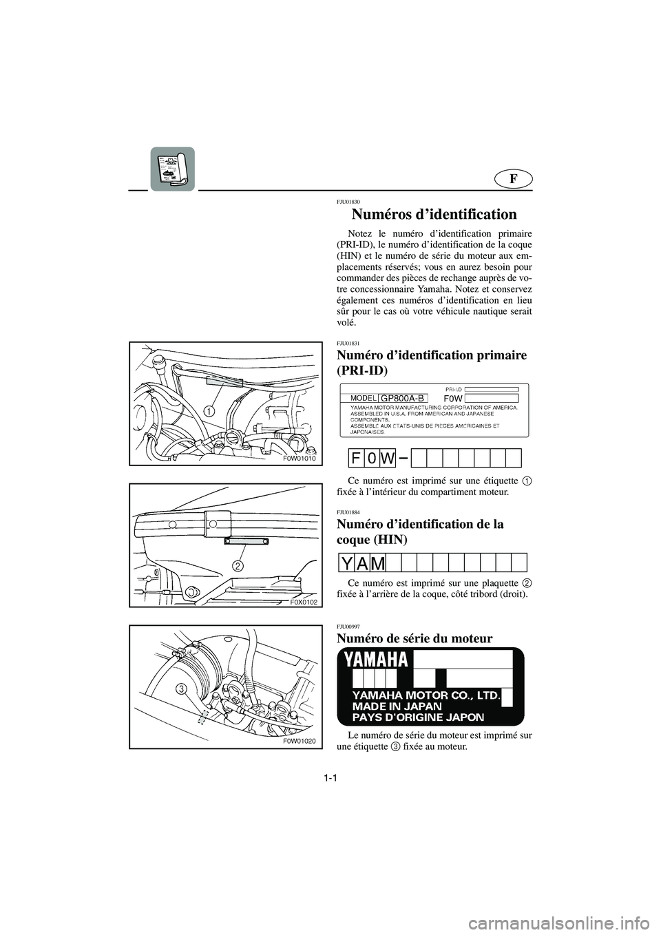 YAMAHA GP800R 2003  Manuale de Empleo (in Spanish) 1-1
F
FJU01830 
Numéros d’identification  
Notez le numéro d’identification primaire
(PRI-ID), le numéro d’identification de la coque
(HIN) et le numéro de série du moteur aux em-
placement