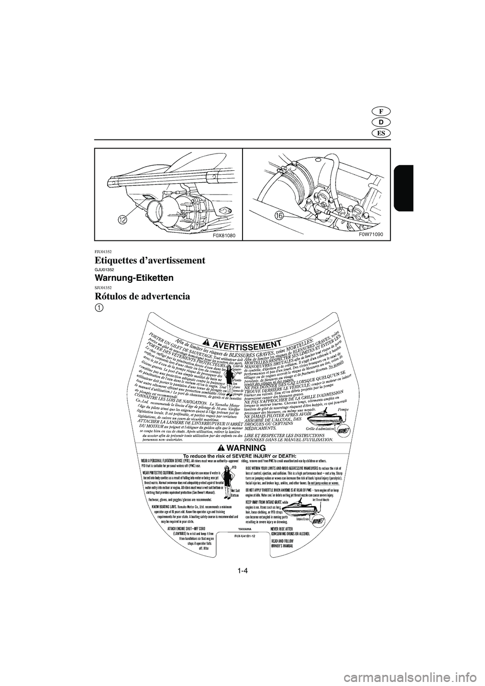 YAMAHA GP800R 2003  Manuale de Empleo (in Spanish) 1-4
D
F
ES
FJU01352 
Etiquettes d’avertissement GJU01352 
Warnung-Etiketten 
SJU01352 
Rótulos de advertencia 
1
UF0W82A0.book  Page 4  Monday, September 2, 2002  3:24 PM 